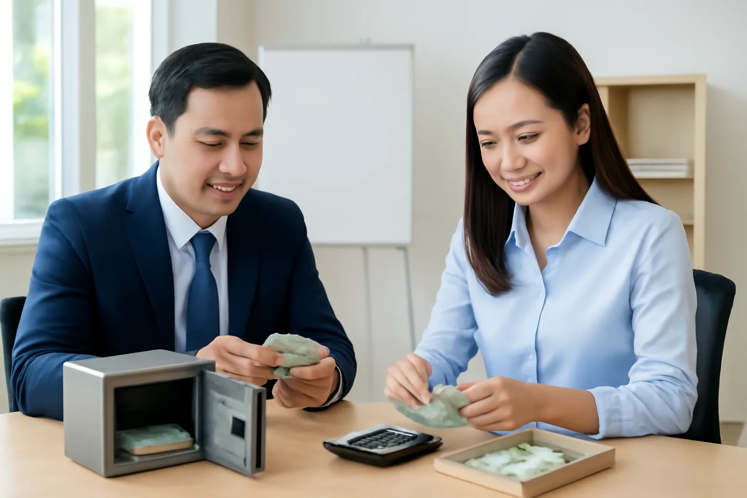 Chủ doanh nghiệp và kế toán cùng kiểm đếm tiền trong két sắt nhỏ của văn phòng