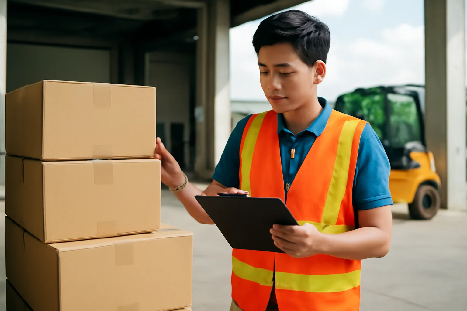 Nhân viên mua hàng đối chiếu các thùng hàng mới giao với cặp hồ sơ tại khu nhận hàng của kho