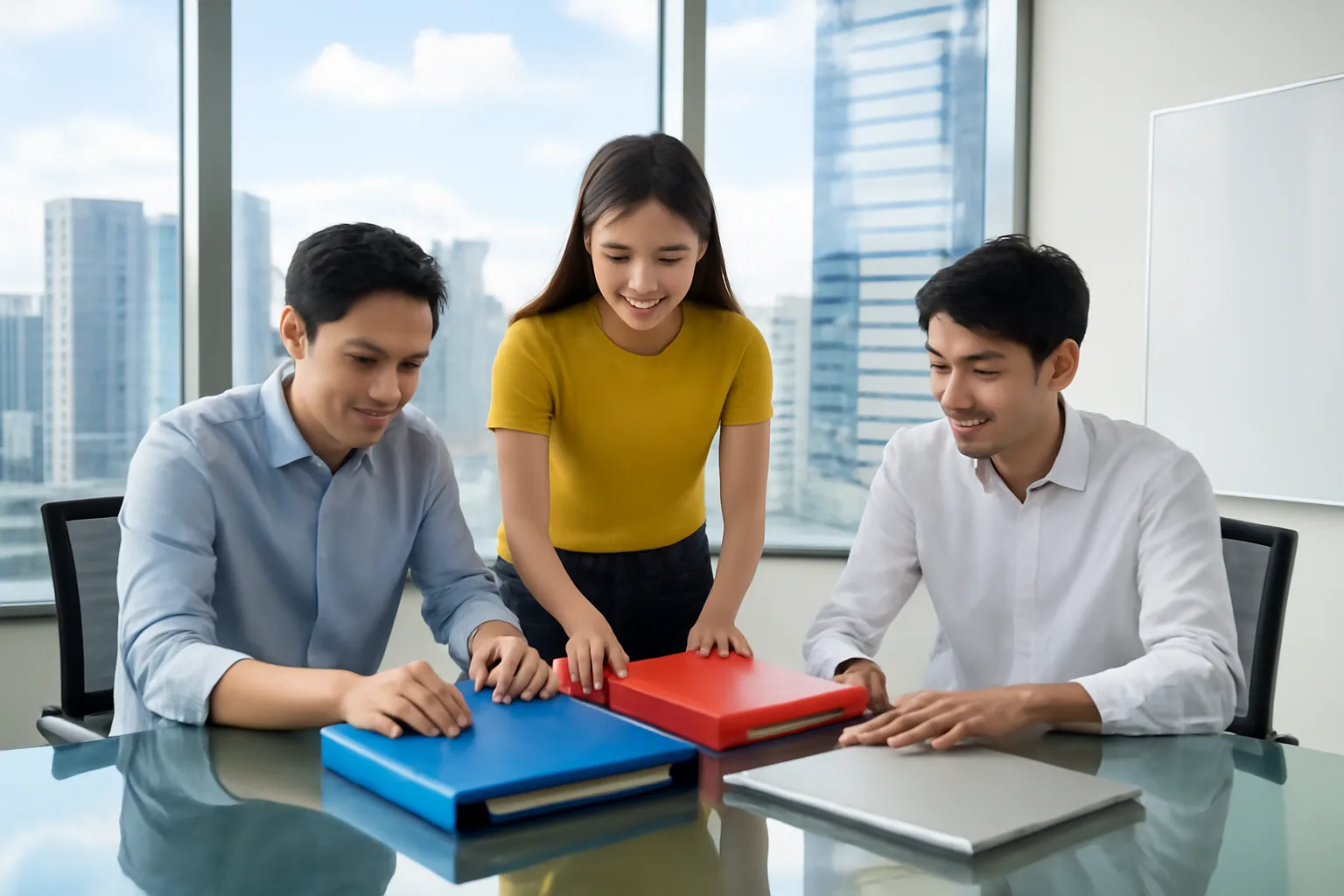 Nhóm sáng lập công ty cổ phần ngồi quanh bàn họp kính, xếp các cặp hồ sơ trước buổi gặp nhà đầu tư
