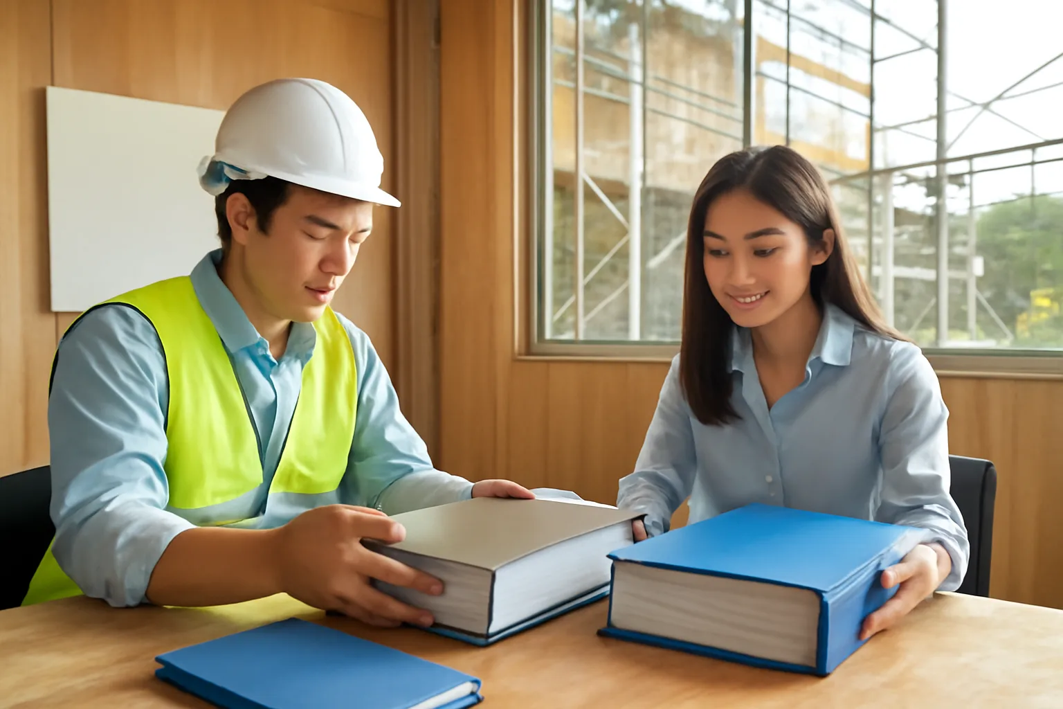 Kỹ sư công trình và kế toán đối chiếu biên bản nghiệm thu bên lán trại công trường