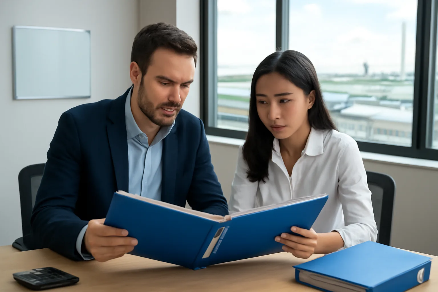 Giám đốc người nước ngoài và kế toán người Việt rà hồ sơ trong văn phòng nhỏ ở khu công nghiệp