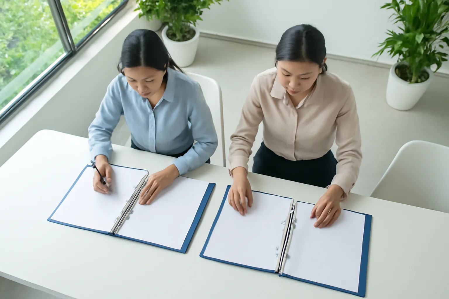 Hai nhân viên kế toán trải các bìa hồ sơ trên bàn họp dài để rà soát sổ sách
