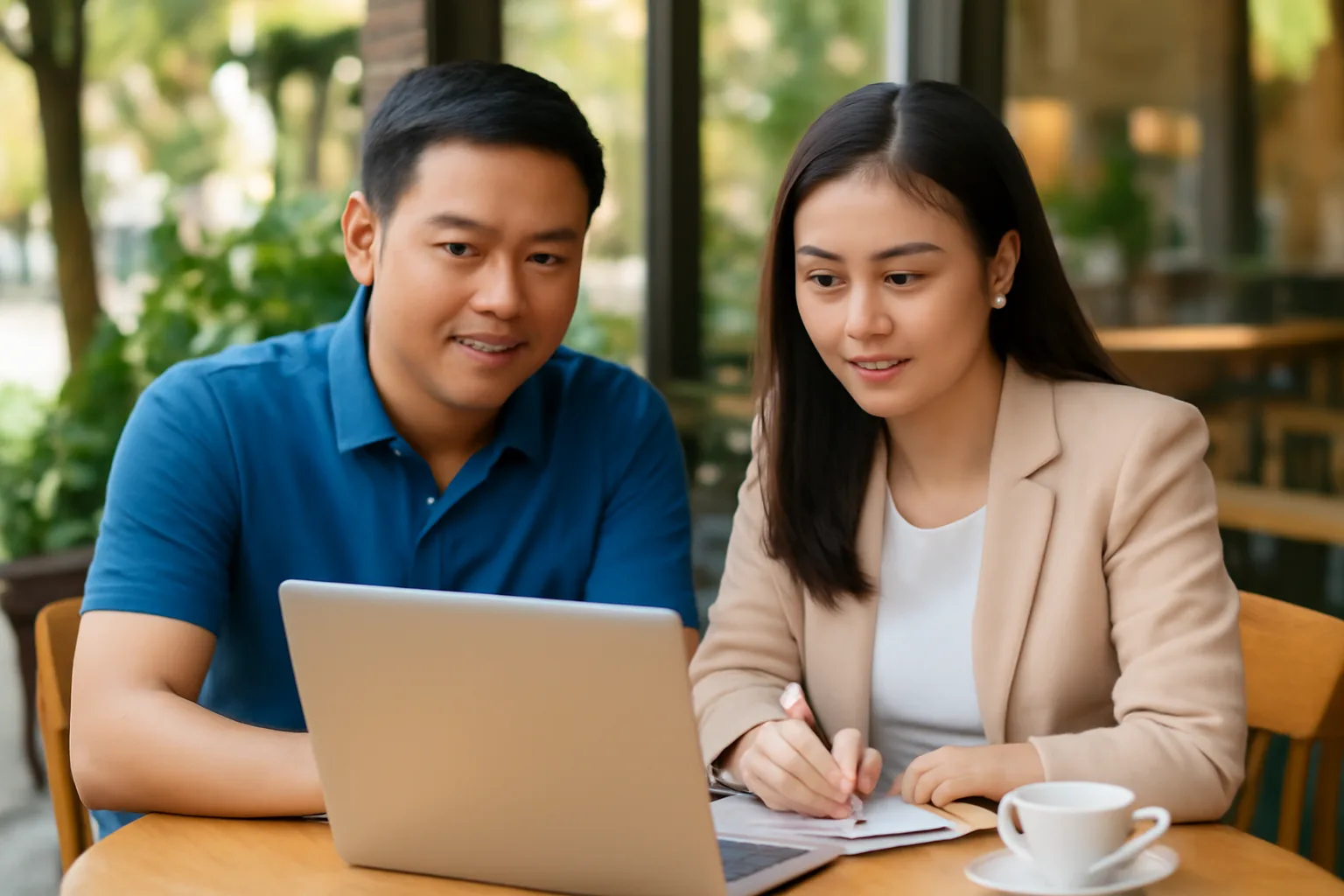 Chủ doanh nghiệp và người tư vấn độc lập cùng xem hồ sơ trên máy tính xách tay tại bàn quán cà phê