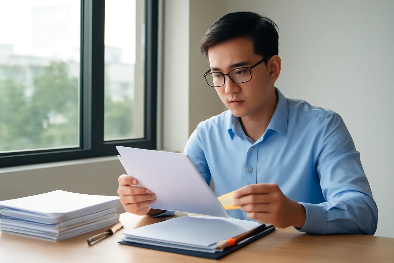Nhân viên kế toán đối chiếu biên bản giao hàng với danh sách hoá đơn bên cửa sổ văn phòng