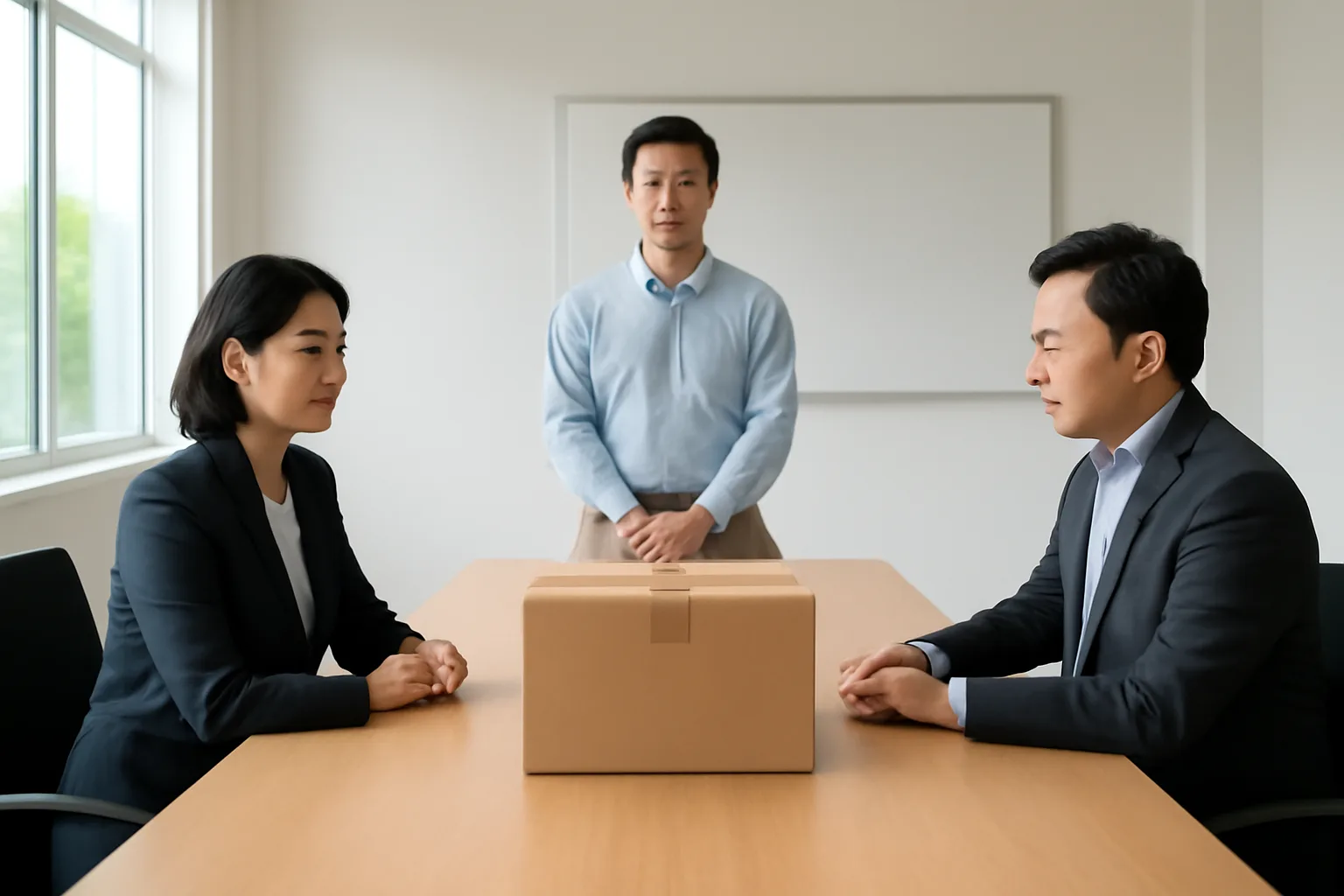Hai thành viên công ty ngồi hai đầu bàn họp, ở giữa là thùng hồ sơ đã dán niêm phong