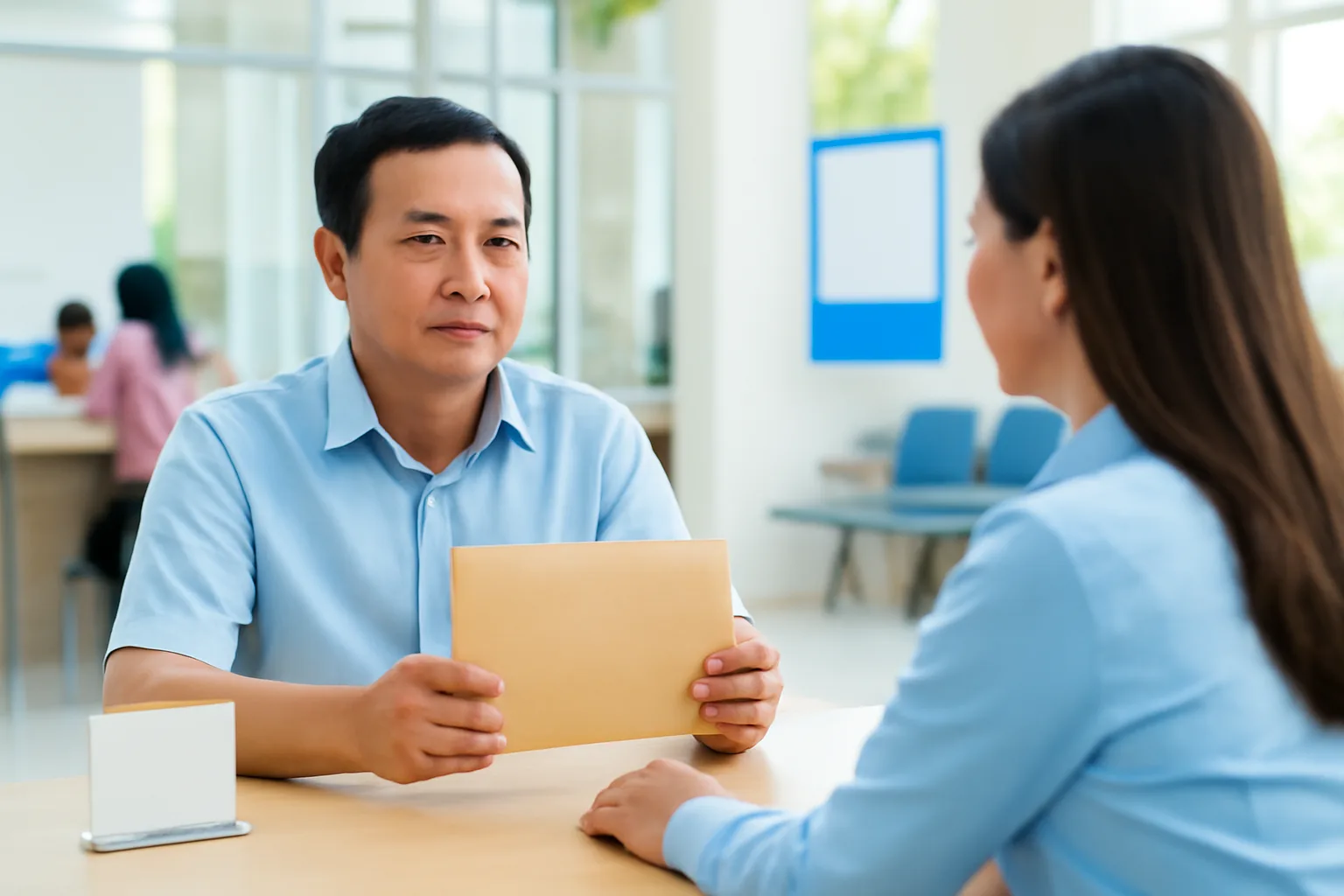 Giám đốc doanh nghiệp nhỏ cầm phong bì thư mời, ngồi chờ tại quầy tiếp nhận của cơ quan thuế