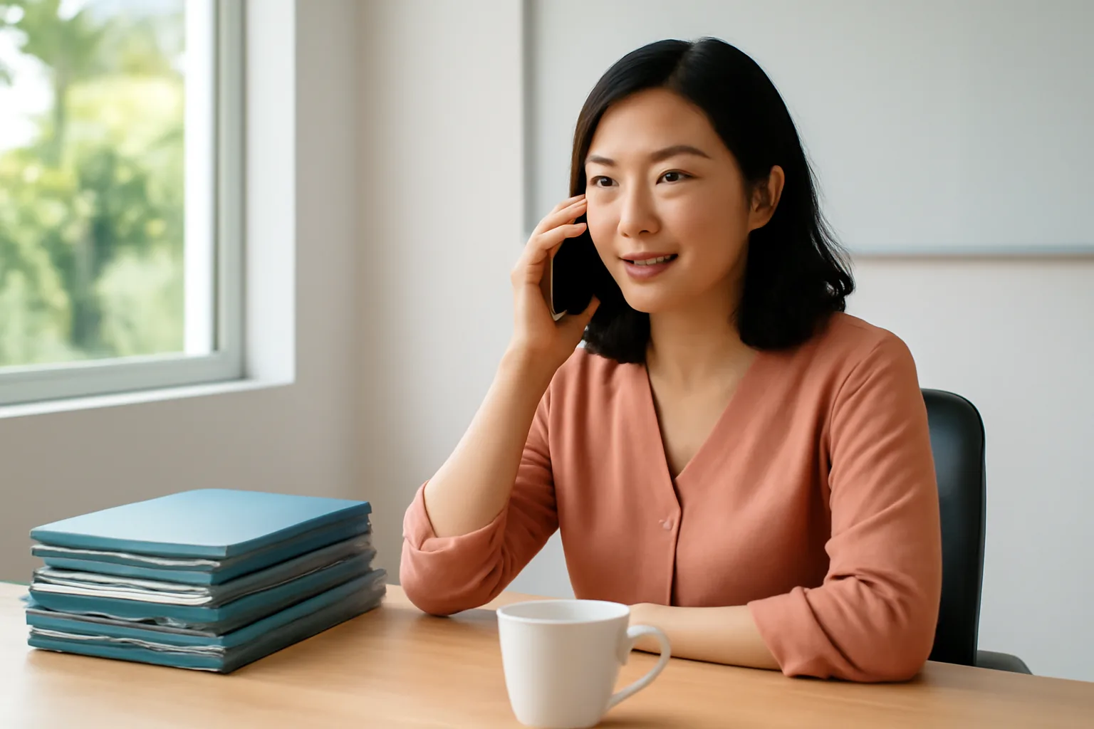 Nhân viên nhân sự gọi điện cho người lao động cũ, trước mặt là danh sách hồ sơ nhân sự đã đóng