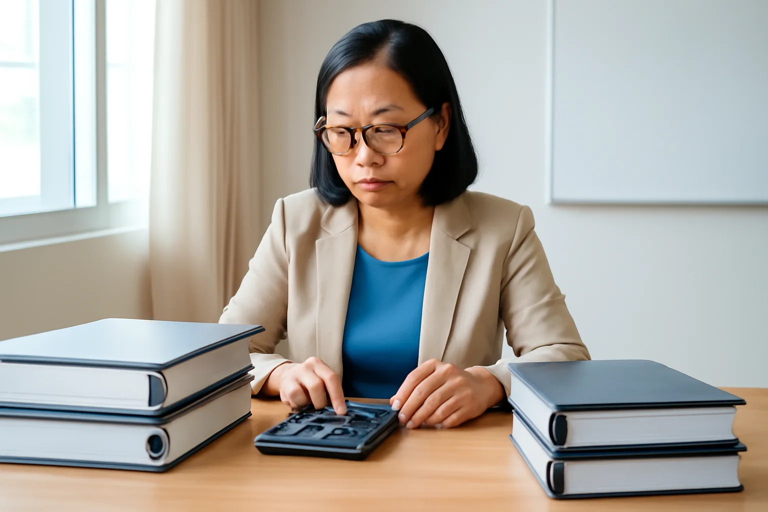 Kế toán trải ba xấp hồ sơ theo từng năm trên bàn, đang so sánh bằng máy tính bỏ túi