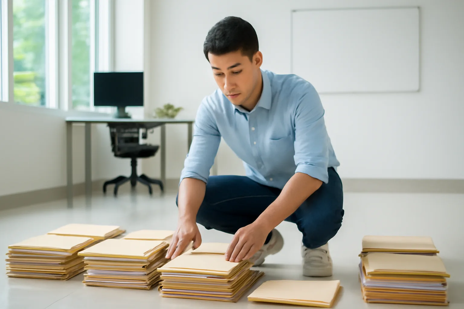 Kế toán trẻ quỳ trên sàn văn phòng xếp các chồng hồ sơ tồn thành từng hàng theo thứ tự