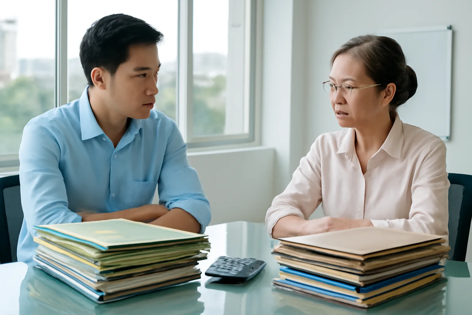 Chủ doanh nghiệp và kế toán cân nhắc giữa hai bảng tính trên bàn làm việc