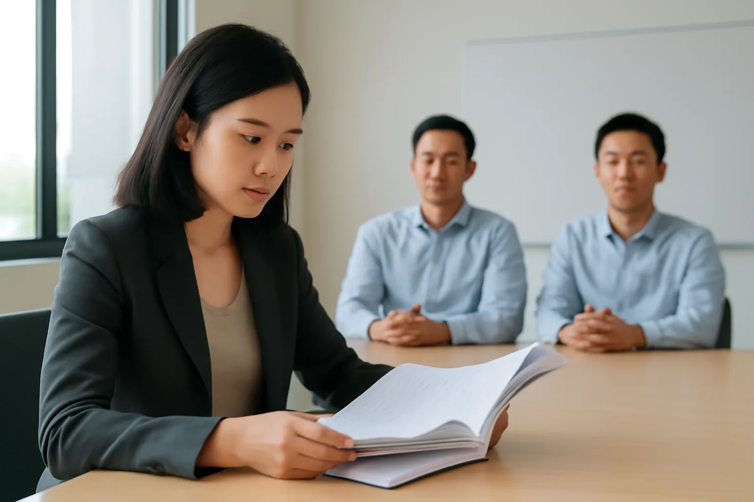 Người phụ nữ trẻ đọc kỹ một tập hồ sơ tại bàn trong phòng họp, cây bút đặt ngang chưa ký