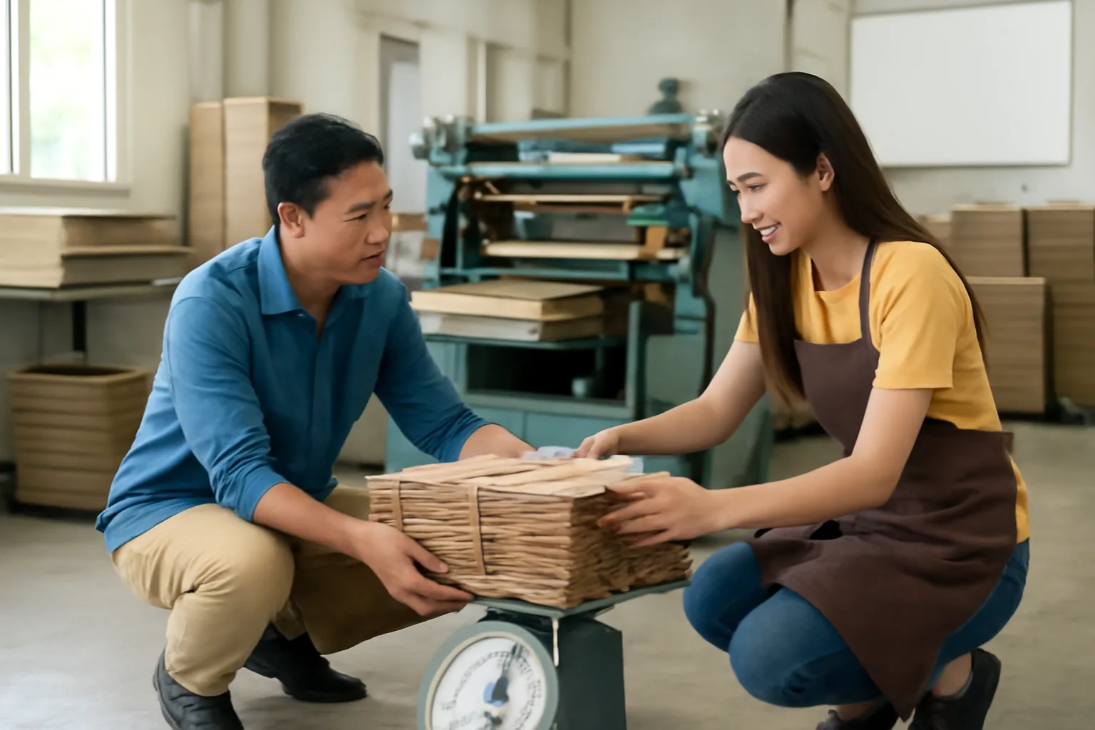 Chủ xưởng và thủ kho cân cuộn giấy phế liệu trong xưởng in bao bì
